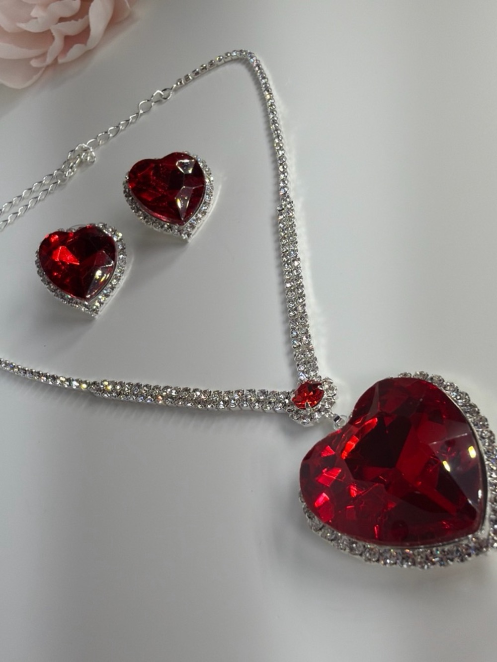 Red Heart Crystal Necklace and Earring Set - Women Jewelry